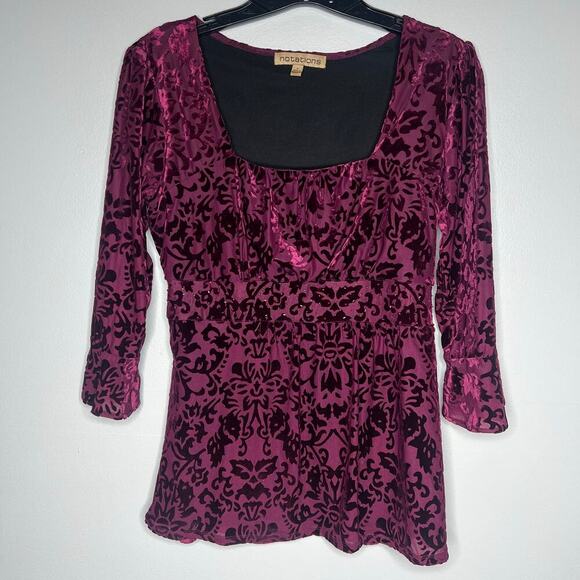 VTG Notations Burgundy Velvet Burnout Babydoll Top Size S Flutter Sleeve Y2K - Picture 1 of 12
